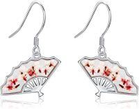 wholesale 925 Sterling Silver Fan-Shaped Floral Drop Earrings-Fan Pressed Flower