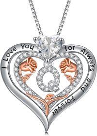 wholesale Sterling Silver Rose Pendant Necklace A Z Initial Letter Heart Jewelry for Women Valentine Mother s Day Birthday Gifts for Her-Letter Q