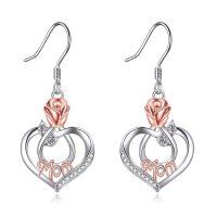 wholesale 925 Sterling Silver Crystal Mother's Day Gift Rose Flower Heart Shape Dangle Earrings for Women-Mom Earrings -Rose Flower