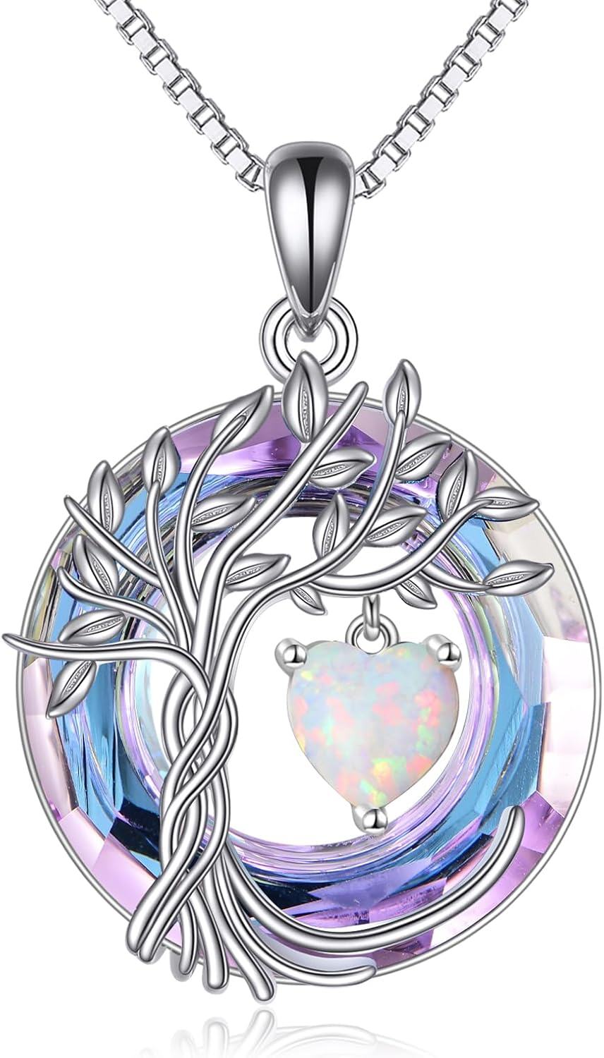 Sterling Silver Crystal Tree of Life Necklace for Women-10-Oct-Opal
