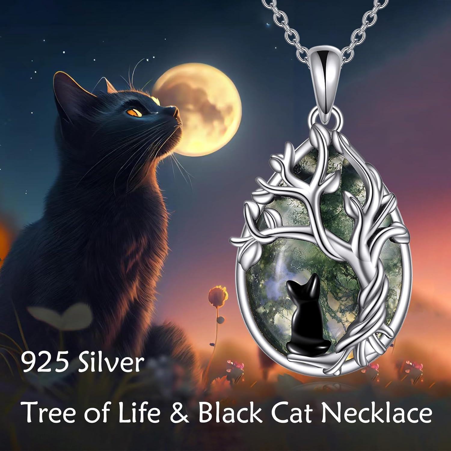 wholesale 925 Sterling Silver Cat and Tree of Life Green Agate Gemstone Pendant Necklace for Women Birthdays Gift-0-2