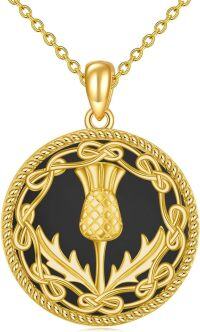 wholesale 925 Sterling Silver Round Celtic Knot Scottish Thistle Flower Pendant Necklace Gold Tone Chain Black Enamel-Scottish Thistle F