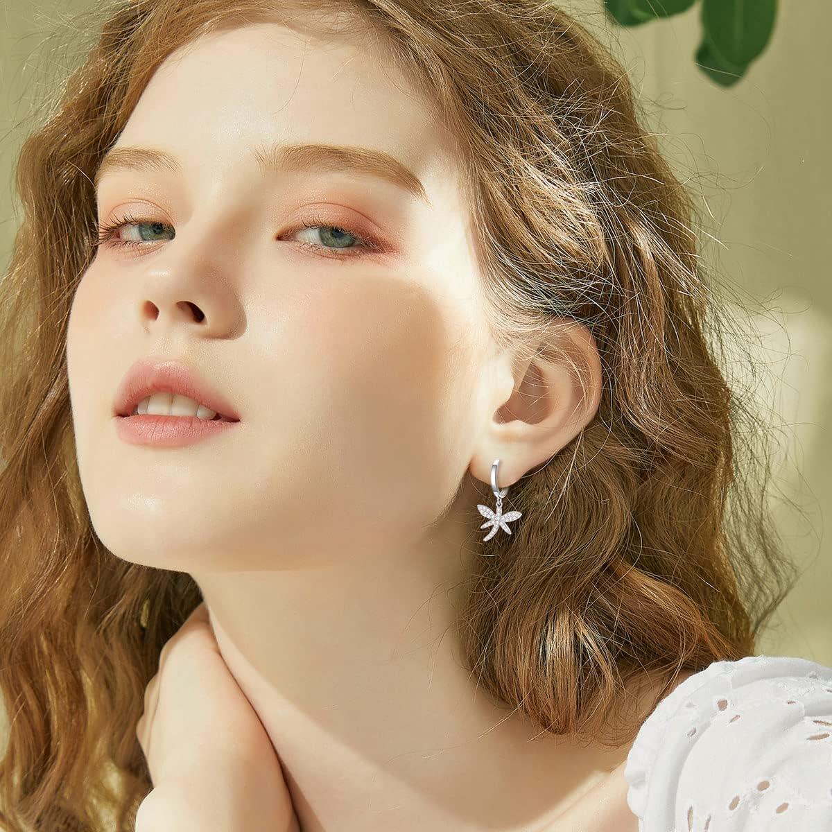 wholesale 925 Sterling Silver Starfish Huggie Hoop Earrings with Cubic Zirconia for Women Girls Minimalist  4cm Long (Silver)-0-3