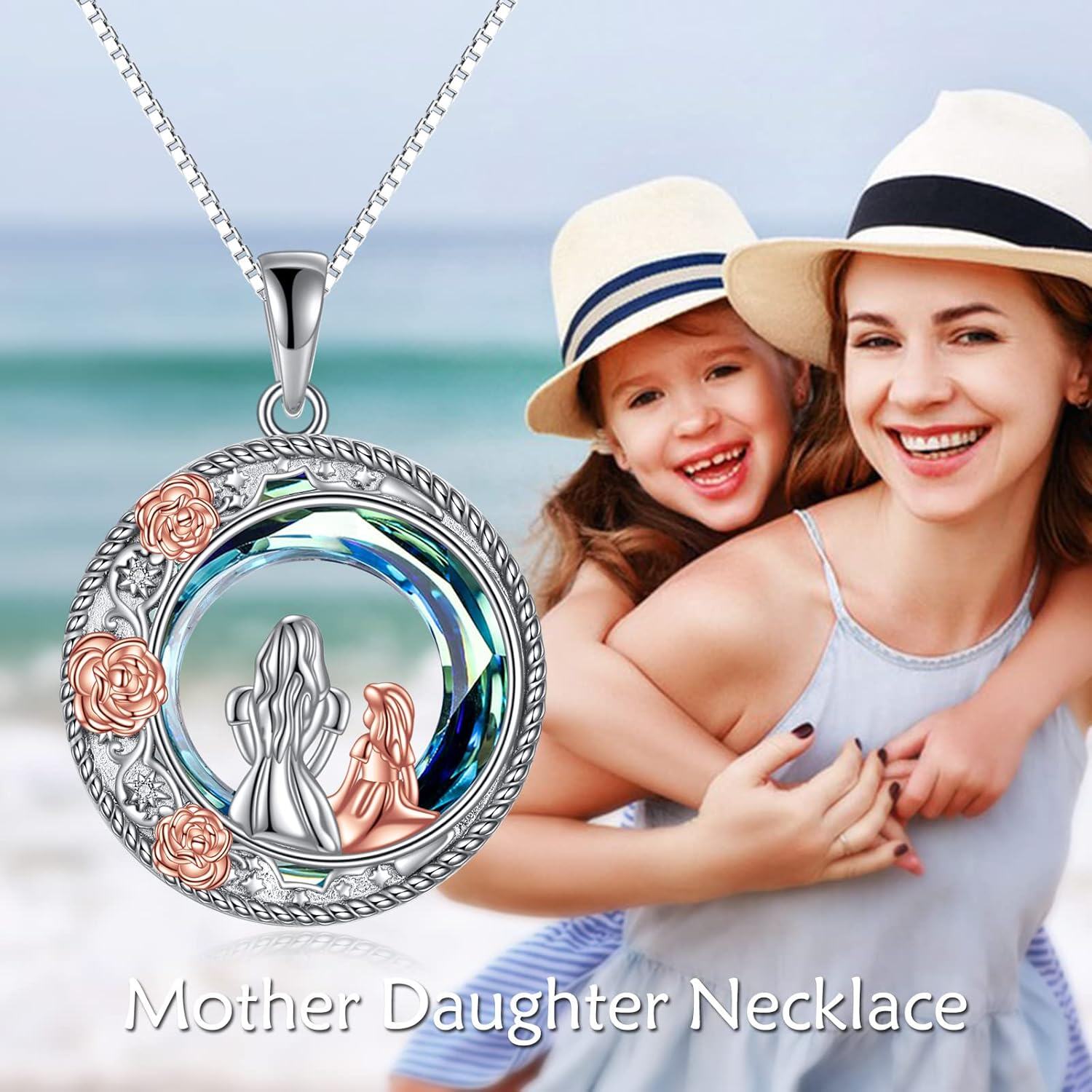 Sterling Silver Blue Crystal Mother and Children Rose Flower Necklace Gift for Mom-0-3