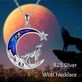 wholesale 925 Sterling Silver Howling Wolf Crescent Moon Pendant Necklace With Blue Crystal Star-0-5