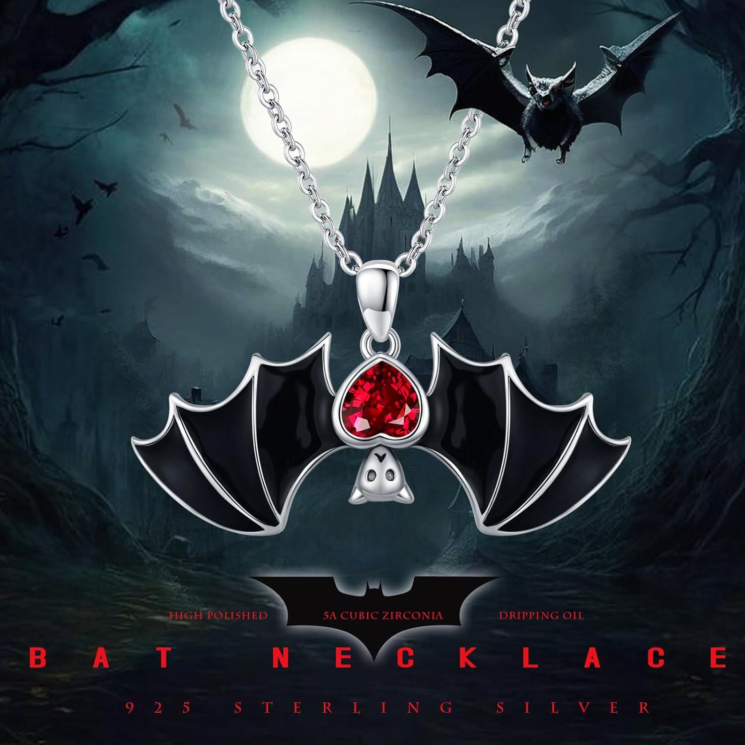 Sterling Silver Bat Necklace Gothic Jewelry for Women Men Halloween Birthday-0-1