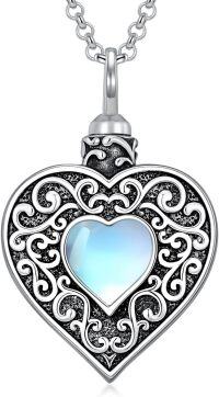 wholesale 925 Sterling Silver Heart Shape Moss Agate & Moonstone Cremation Jewelry Urn Pendant Necklace-Moonstone