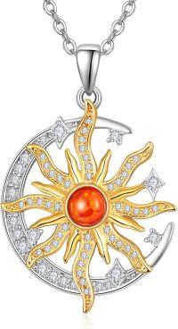 wholesale 925 Sterling Silver Amber Stone Sun & Moon Pendant Necklace for Women Celestial -Opal Gold Sun Moon