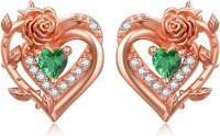 wholesale 925 Sterling Silver Rose Heart Birthstone Stud Earrings for Women-05 May - Emerald