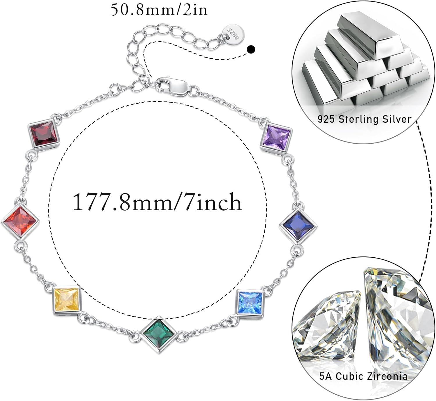 wholesale 925 Sterling Silver Square Multi-Color Stones 7 Chakras Yoga Bracelet for Women Wife Girlfriend-0-5
