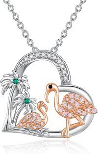 wholesale 925 Sterling Silver Flamingo Heart Pendant Necklace with Palm Trees and Rainbow Design - 18+2 Chain Gift for Women/Mom/Valentine's Day/Birthday/Celebration-Two Flamingos