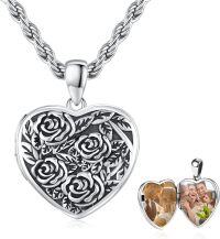 wholesale 925 Sterling Silver Heart Shaped Photo Frame Pendant with Roses and Lily of the Valley Design - Memory Lockets for Women-Rose Heart Locket