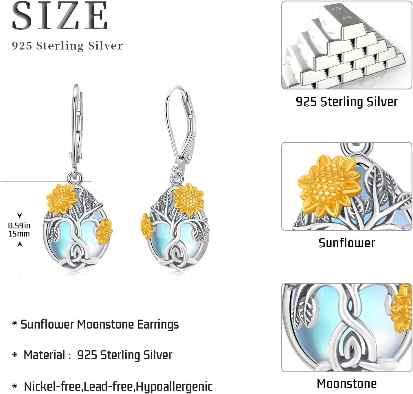 Sterling Silver Sunflower Earrings with Sunshine Dangle Drop for Women Girls Jewelry Gifts-0-6