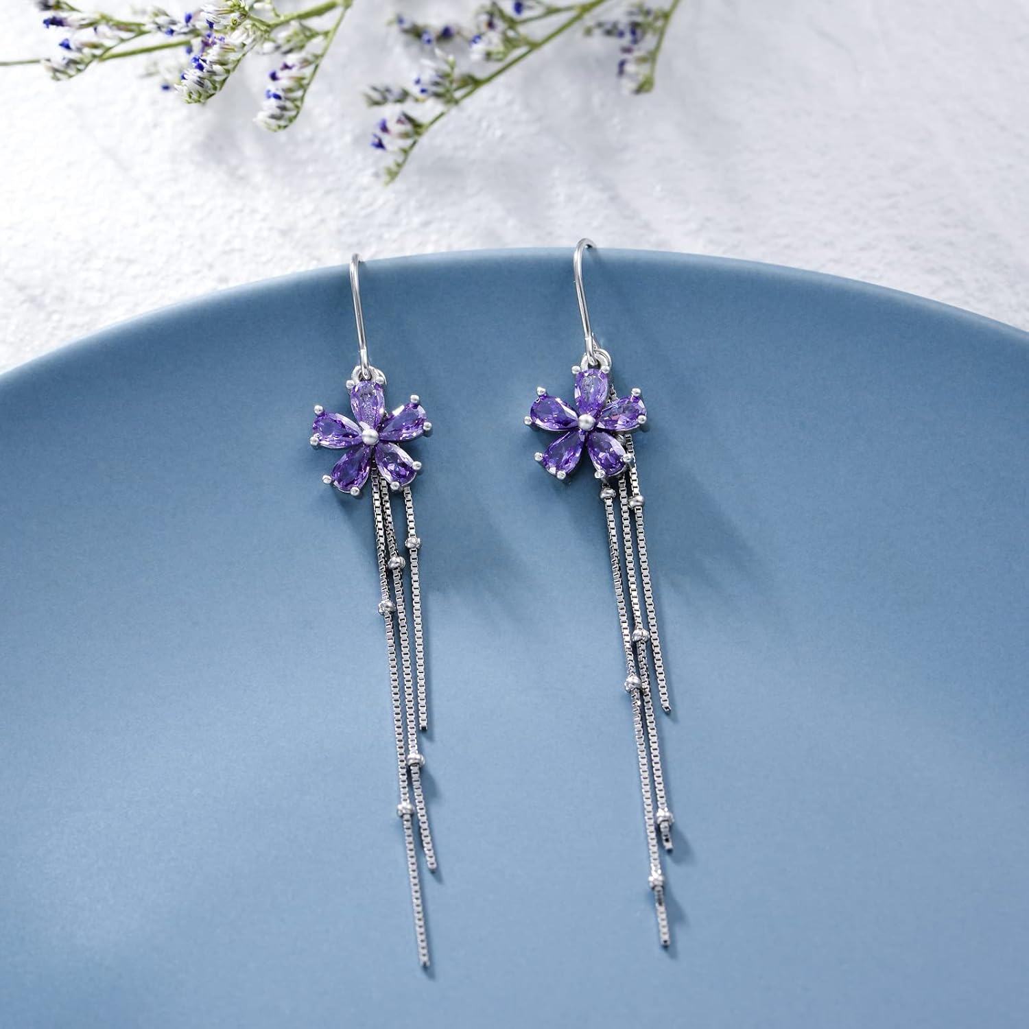 925 Sterling Silver Cubic Zirconia Drop Earrings w/Flower & Butterfly Charm-0-1
