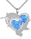 wholesale 925 Sterling Silver Blue Opal Heart-Shaped Dolphin Pendant Necklace-0-0