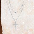 wholesale 925 Sterling Silver Cubic Zirconia Cross Pendant with Evil Eye Beads Double-Layer Chain Necklaces for Women Girls  48cm Length-0-3