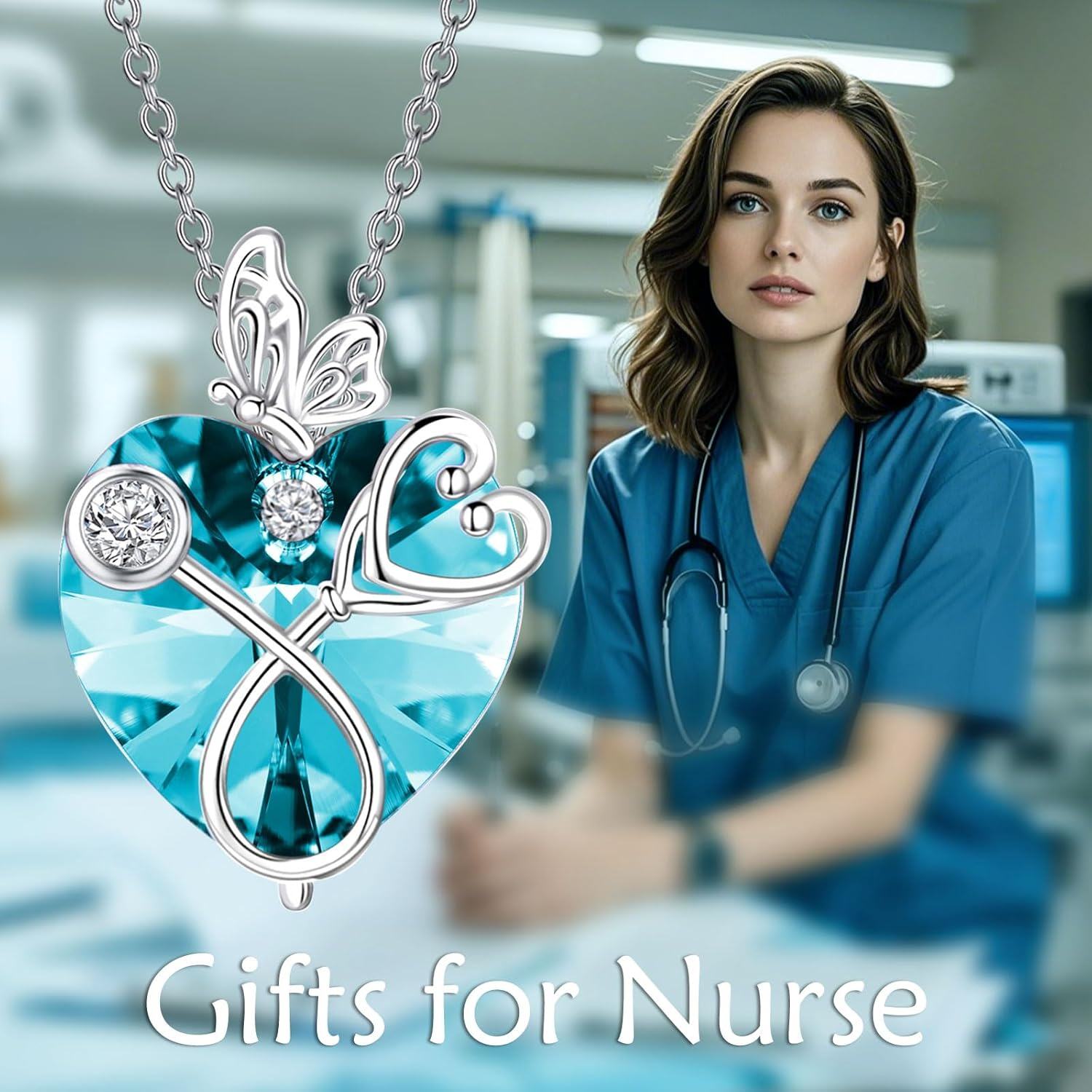 925 Sterling Silver Blue Crystal Butterfly Heart Stethoscope Pendant Necklace for Nurses Doctors Gifts-0-3