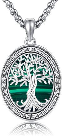 wholesale 925 Sterling Silver Malachite Greek Key Tree of Life Pendant Necklace-Malachite