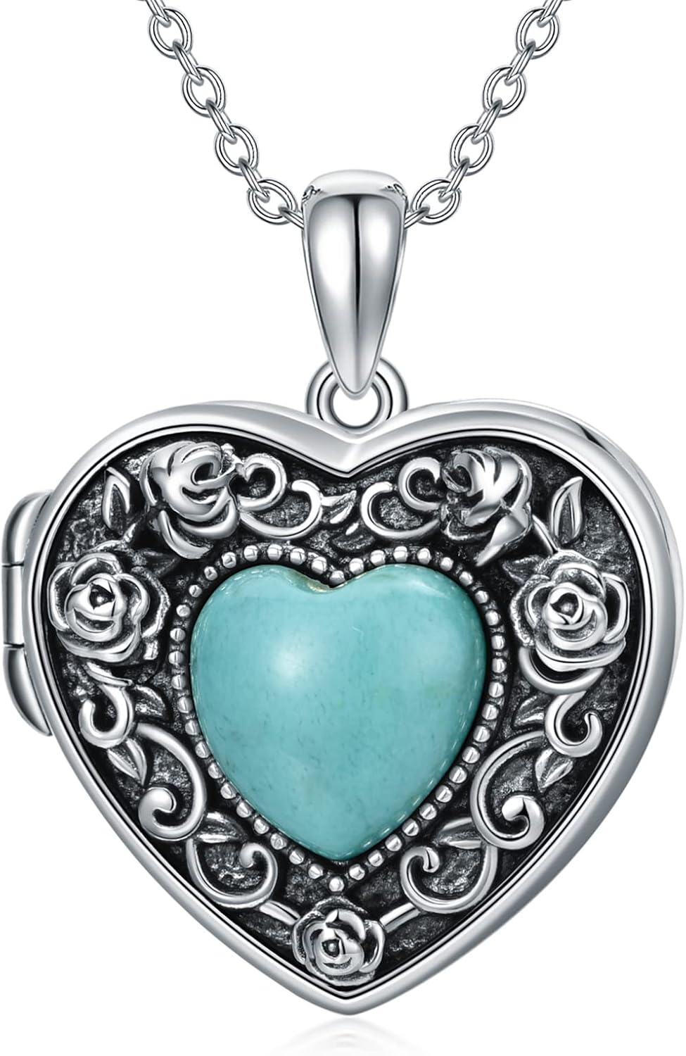 Sterling Silver Turquoise Heart Locket Necklace for Women Grandma-0-0