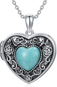 wholesale 925 Sterling Silver Turquoise Heart Shaped Pendant Necklaces with Rose Pattern and Chain for Women -locket necklace-customize photos