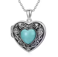 wholesale 925 Sterling Silver Turquoise Heart Shaped Pendant Necklaces with Rose Pattern and Chain for Women -locket necklace-customize photos