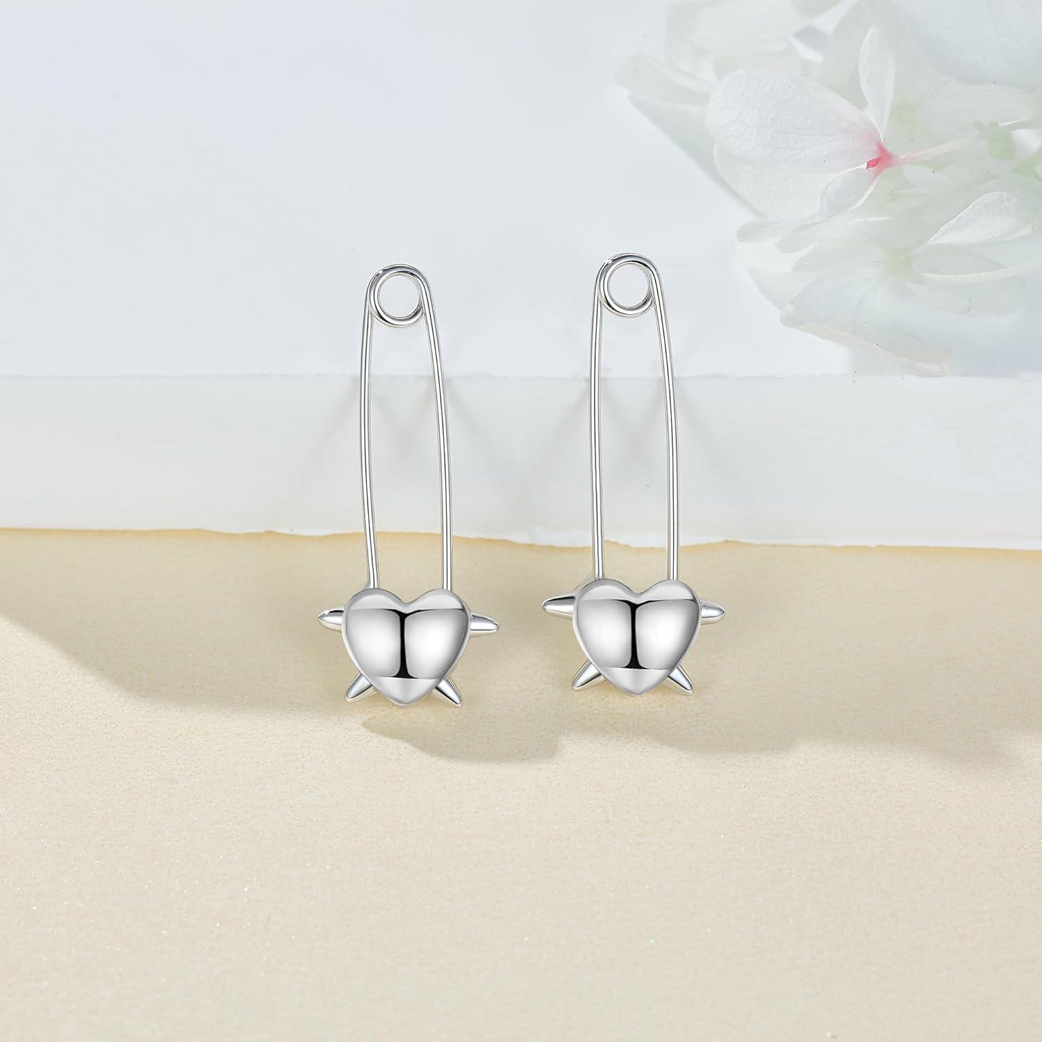 925 Sterling Silver Heart Safety Pin Stud Earrings-0-1