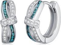 wholesale 925 Sterling Silver Turquoise & Cubic Zirconia Hoop Earrings 15mm - Hypoallergenic  for Women and Men-Turquoise-Silver