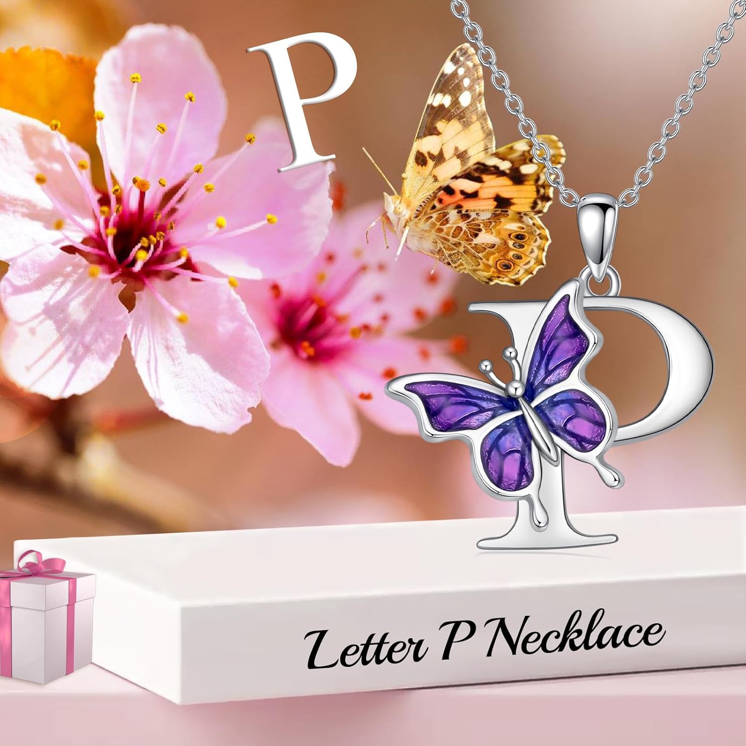 wholesale 925 Sterling Silver Purple Butterfly A Z 26 Letters Pendant Necklace-0-3
