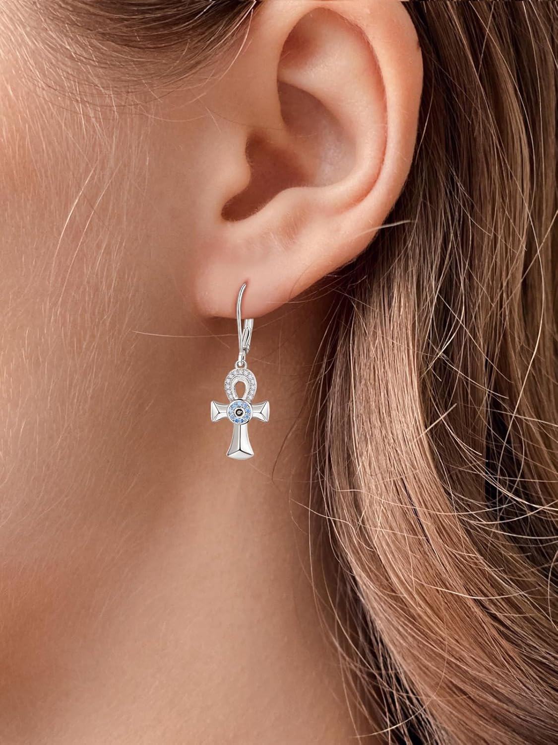 wholesale 925 Sterling Silver Cross Evil Eye Leverback Drop Earrings - Hypoallergenic Egyptian Style Jewellery-0-3