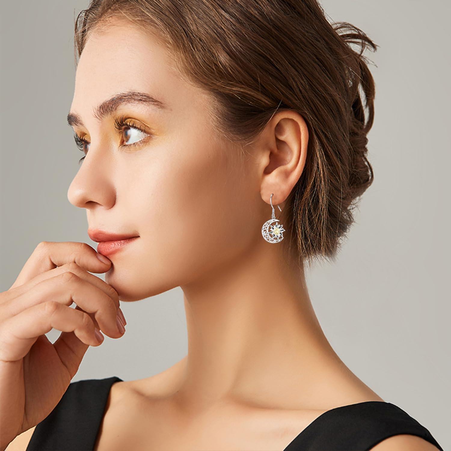 wholesale 925 Sterling Silver Sun and Moon Dangle Earrings with Citrine Gemstone for Women-0-3