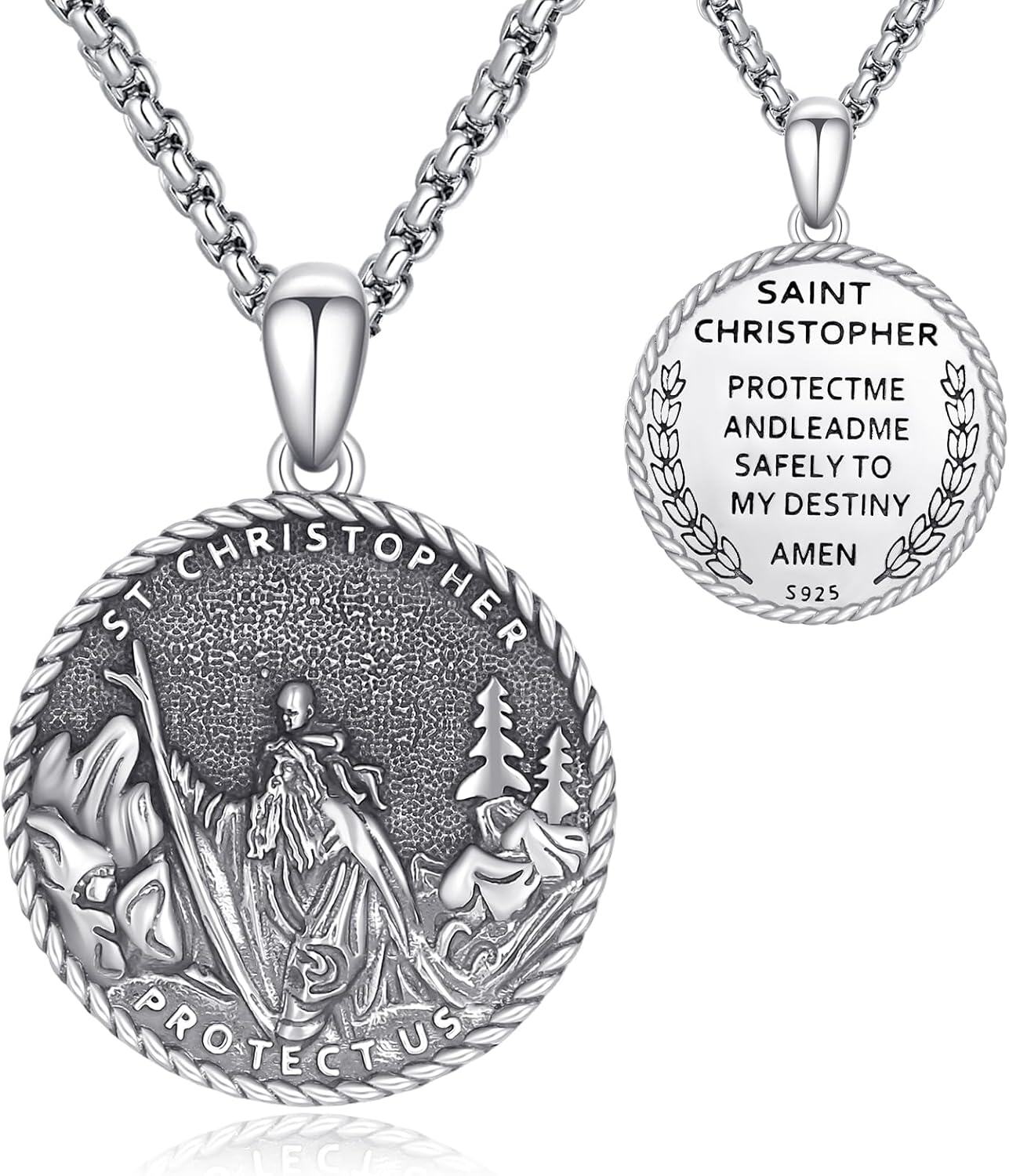 Sterling Silver Catholic Medal Necklace St Michael Christopher Benedict Virgin Mary Amulet Pendant for Men Women-St Christopher A-St Christopher C