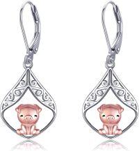 wholesale 925 Sterling Silver Pig Filigree Teardrop Leverback Dangle Earrings for Women Girls Gifts 4cm Long-Pig