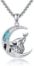 wholesale 925 Sterling Silver Turquoise Inlay Wolf on Crescent Moon Necklace Pendant Jewelry for Women Girls Gift 48cm Chain Length-0-0