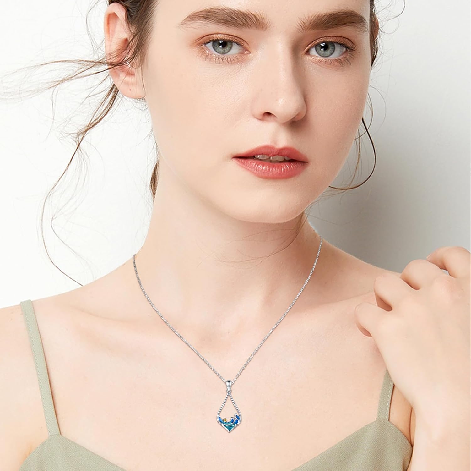 wholesale 925 Sterling Silver Teardrop Dolphin Ocean Wave Pendant Necklace with Blue Enamel and Yellow Crystal - Beach  for Women-0-3