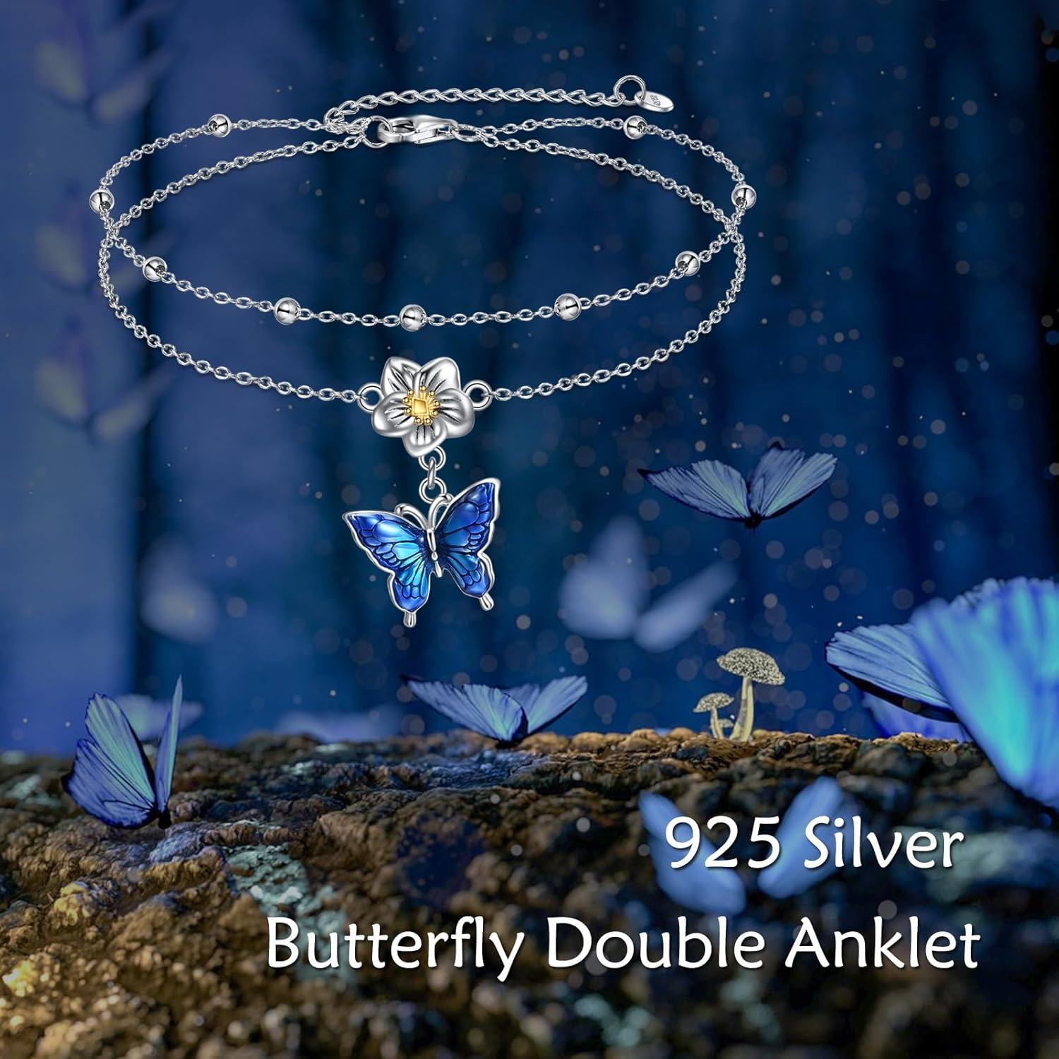 925 Sterling Silver Blue Enamel Flower & Butterfly Charm Layered Ankle Anklet for Women and Girls-0-5
