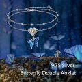 wholesale 925 Sterling Silver Blue Enamel Flower & Butterfly Charm Layered Ankle Anklet for Women and Girls-0-5