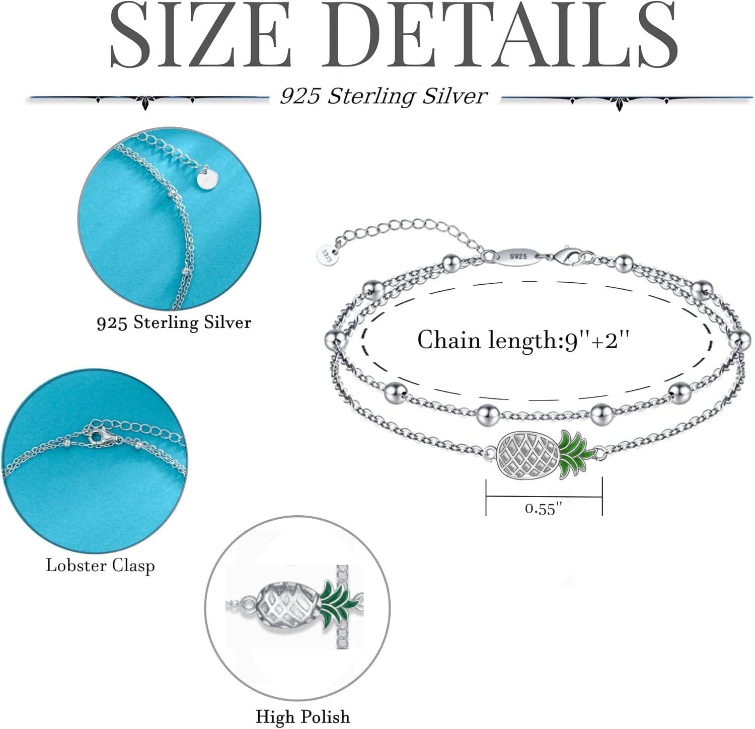  Sterling Silver Nature Charm Bracelet w Pineapple Dragonfly Butterfly Daisy Highland Cow Adjustable Anklet Anniversary Birthday Gift -0-2