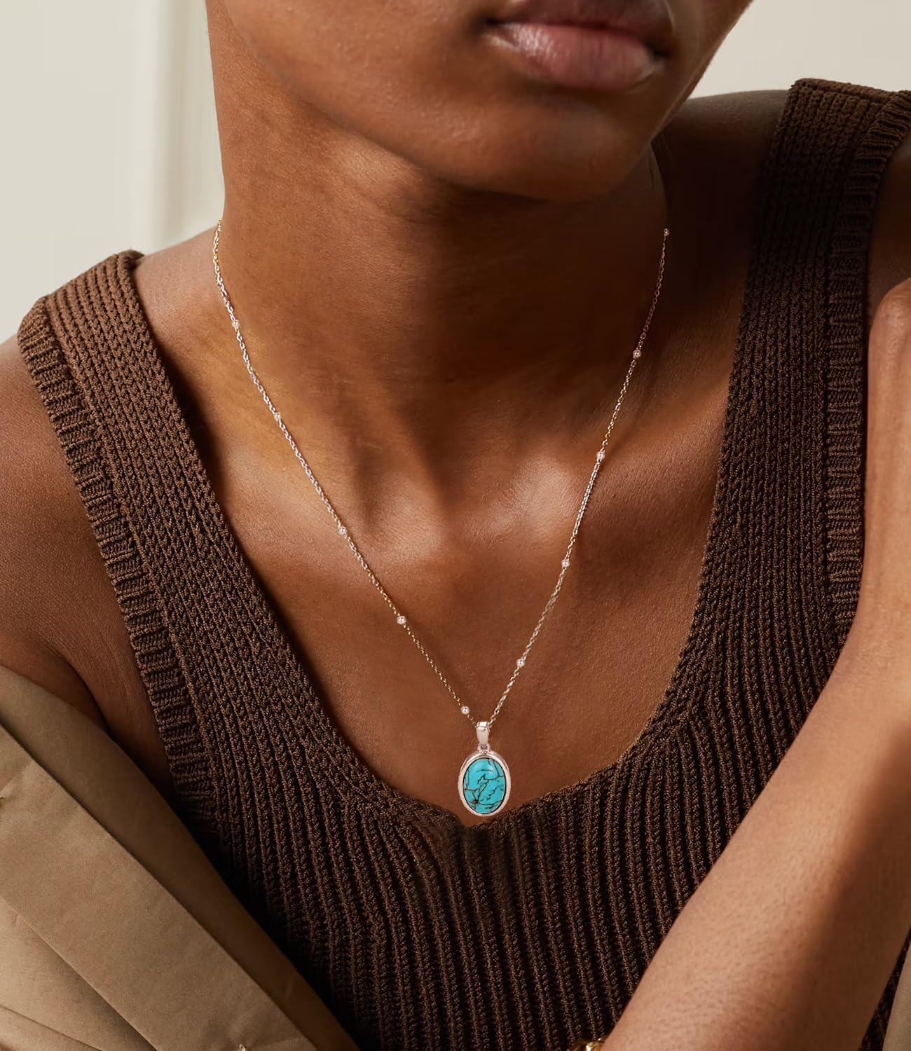 Sterling Silver White Yellow Gold Plated Genuine Turquoise Pendant Necklace for Women-0-3
