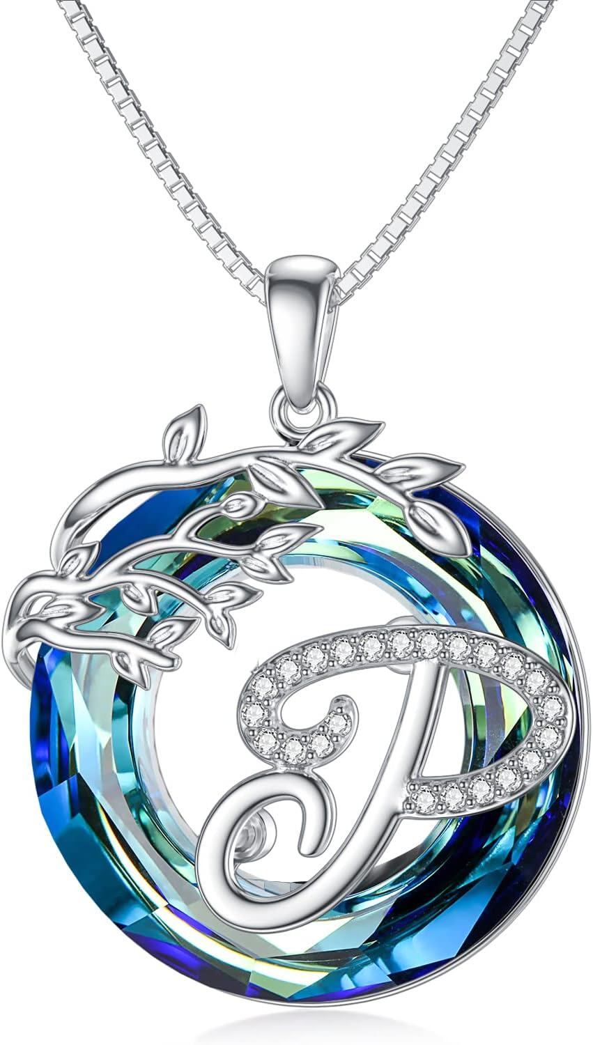 Sterling Silver Blue Crystal Tree of Life A Z Letter Pendant Necklace-Alphabet P