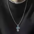 wholesale 925 Sterling Silver Black Enamel Deer Antlers Cross Pendant Necklaces Wholesale with Stainless steel chain for Men -0-7