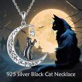wholesale 925 Sterling Silver Crescent Moon with Black Cat and Cubic Zirconia Charm Pendant Necklace-0-2
