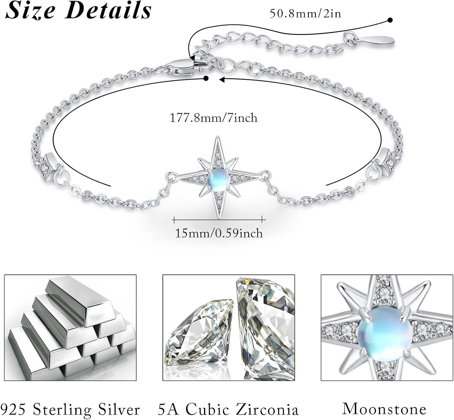wholesale 925 Sterling Silver Star Moonstone Bracelet for Women & Teenage Girls -0-5