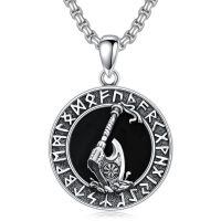 wholesale 925 Sterling Silver Norse Rune Black Obsidian Viking Axe Pendant Necklace-06-Viking Axe Necklace