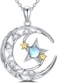 wholesale 925 Silver & Moonstone Islamic Star and Crescent Moon Pendant Necklace for Women-Moon Star