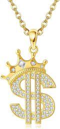 wholesale 925 Sterling Silver Plated Gold  Crown Dollar Sign Pendant Necklace for Women and Men-0-0