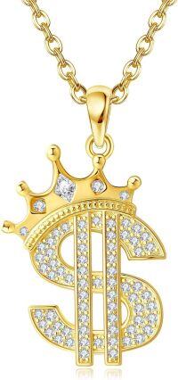 wholesale 925 Sterling Silver Plated Gold  Crown Dollar Sign Pendant Necklace for Women and Men-Dollar Sign