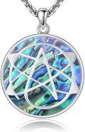 wholesale 925 Sterling Silver Round Abalone Shell Pentagram Pendant Necklace  for Women Men Gothic Witchcraft  48cm Chain Length-0-0