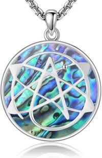 wholesale 925 Sterling Silver Round Abalone Shell Pentagram Pendant Necklace  for Women Men Gothic Witchcraft  48cm Chain Length-Abalone
