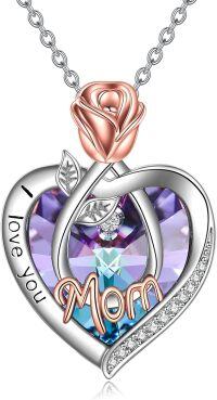 wholesale 925 Sterling Silver I Love You Mom Necklace with Rose Flower and Heart Crystal Pendant for Women-02 Feb-Mom Necklace with Heart Crystal