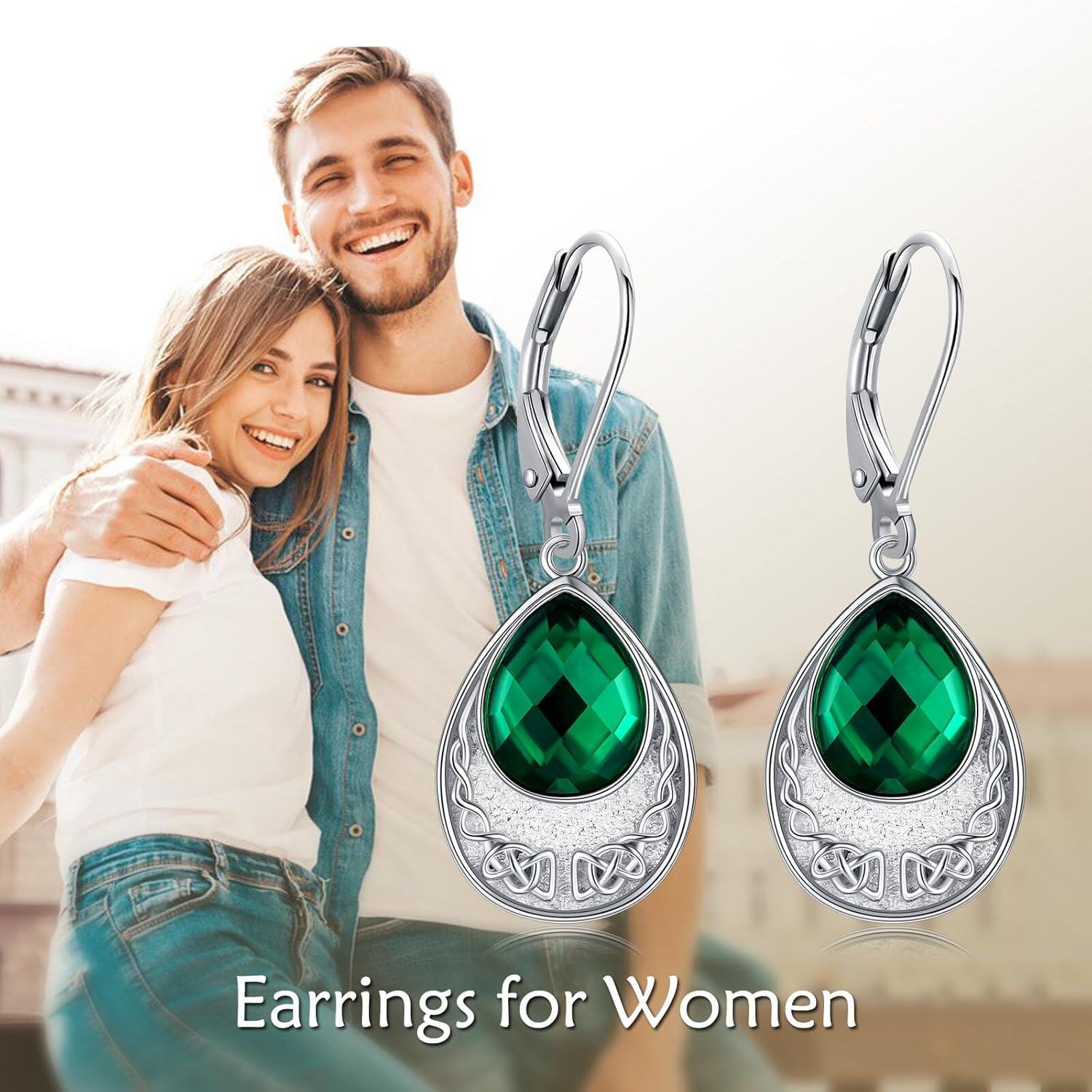 Sterling Silver Emerald Teardrop Celtic Knot Dangle Earrings Irish Jewelry-0-2